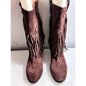 Lucky Brand Caleb Brown Suede Fringe Boots Women Size 10 Western Boho Leather
